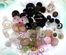 Vintage Czech Glass Buttons Mixed Lot Black Clear Art Deco Rhinestone 60 picture