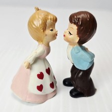 Vintage Kissing Couple Figurines Boy Girl Hearts Valentine Hard Plastic picture