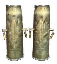 Antique WWI Trench Art Shell Case Vases Pair 1918 – Engraved Brass – 30 cm picture