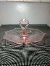 Vintage Pink Vaseline / Depression Glass Handled Round Octagon Serving Tray picture