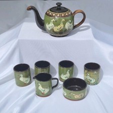 Vintage HMV Hungarian Majolica Goose Tea Set - Pristine Redware Art Pottery 7pc picture