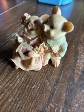 Vintage Two Happy Kitsch Pigs anthropomorphic Figurines Holding Love Birdhouse picture