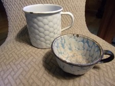 Rare Blue White Chicken Wire Mug Graniteware Enamelware Snow on the Mountain Cup picture