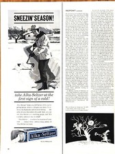 1962 Alka Seltzer Vintage Print Ad Sneezin Season Man Shovel Snow Blue 1/2-Page picture