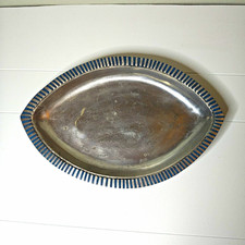 Oval Metal Serving Tray 12 in Silver Blue Striped Rim, Approx 4 in Height picture