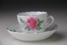 Meissen Pink Rose Demitasse Coffee Cup and Saucer Feathered Handle 2nd Quality picture