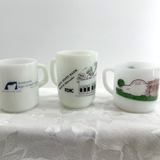 Vintage Milk Glass Nebraska Advertising Mugs White Excellent Set x 3 Banks Retro picture