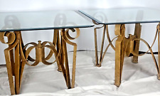 Vintage Set of 2 MCM Hollywood Regency Gold Gilt Iron Scroll Glass Tables Mexico picture
