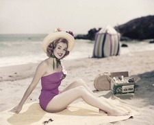 Young woman in swimwear at beach portrait smiling Historic Old Photo picture