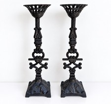 Pair Vintage Ornate Cast Iron Gothic Candlesticks Candle Holders picture