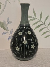 Signed Korean Celadon Inlaid Plum Blossom Bottle Vase Jo Sang-Hyun 8.25