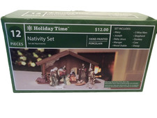 Holiday Time Nativity Set, 12 Piece Porcelain Figurines & Wood Stable NIB picture