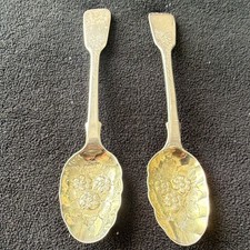 Pair of Gold Washed Sterling Silver Berry Spoons Hallmarked Mary Chawner 1835 picture