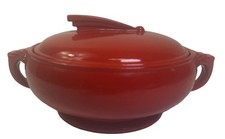 Vintage Halls Red Ceramic Casserole Dish w Lid MCM Art Deco Made USA picture
