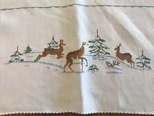Vintage Embroidered Linen Tablecloth Square-Deer Family picture