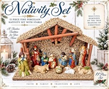 Vintage (11) Piece Fine Porcelain Nativity Set With Moss Covered Wooden Stable picture