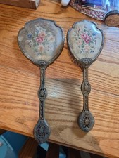VICTORIAN ANTIQUE FRENCH ? ORNATE GOLD GILT BRUSH/ MIRROR WITH NEEDLEPOINT RARE picture