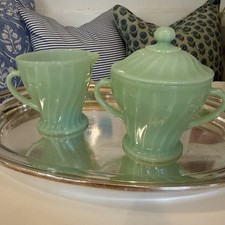 Vintage ANCHOR HOCKING Jadeite Green Swirl Shell Sugar Bowl Lid Creamer Set USA picture