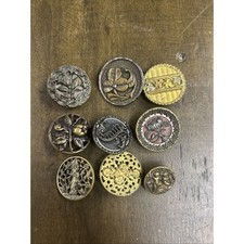 Lot 9 Antique Victorian Brass Picture Buttons Cherubs Stencil Floral Botanical picture