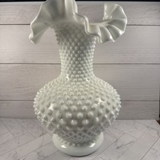 Fenton White Hobnail Milk Glass Vase with Ruffled Edges picture