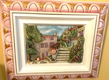 Framed 3D Wall Plaque Eze Village French Street Scene Pink Gold Heavy Relief Art picture