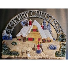 Vintage Embossed Die Cut Christmas Plaque Glitter Victorian Carolers Cottage VG picture