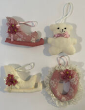 VTG RUSS Stuffed Christmas Ornaments Cream & Mauve Sleds Bear Wreath Lace Ribbon picture