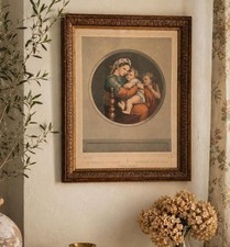 Antique Raphael Virgin of the Chair Print | Ornate Gilt Wood Frame | Religious W picture