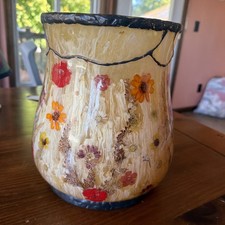 Vintage MCM Lucite Acrylic Honey Swirl Real Pressed Flower Waste Basket 10