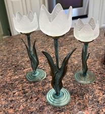 Vintage Tulip Candle Holders Verdigris Patina Metal Frosted Glass Set of 3 picture