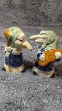 Vintage Ceramic Kitchen Witch Figurines Pair Long Nose Crone Musician Folk Art picture