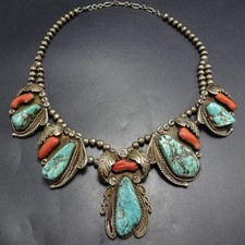 Vintage Navajo OLD RED Mediterranean Coral TURQUOISE Sterling Silver NECKLACE picture