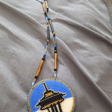 Handmade Beaded Necklace Seattle Space Needle Medallion Pendant Blue Black Gold picture