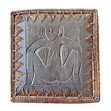Vintage Indonesian Handmade Woven Rattan Box Wood Carved Nude Woman W/lid 8x2” picture