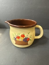 Vintage FTD Enamelware Pitcher 1986 Fruit Basket Cream & Brown Jug picture