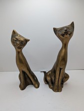 Vintage Pair Of Heavy Brass Elegant Siamese Cats 7-1/2
