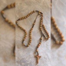 Vintage Catholic Rosary Prayer Beads Brown Resin Carved Rose Crucifix  picture