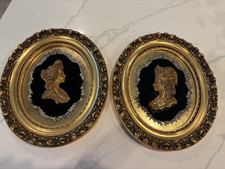 Vintage Victorian Gold Cameo Wall Plaques Pair 13.5” Goddess 3D Relief picture