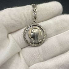 Vintage Our Lady Lourdes Blessed Virgin Mary Catholic Pendant Silver tone 16” picture