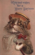 Vintage 1907 Maurice Boulanger Cat Postcard Birthday Straw Hat Cane Broadwater picture