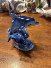 Ceramic Dolphin Figurine Two Dolphins on Wave Decorative Sculpture picture