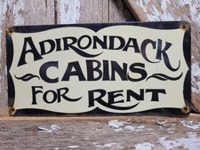 VINTAGE ADIRONDACK PORCELAIN SIGN OLD CABINS FOR RENT HOTEL INN NEW YORK STATE picture