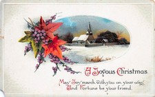 Antique IAPC Christmas Postcard Poinsettias Snow Church Scene 1913 Cancel CP457 picture