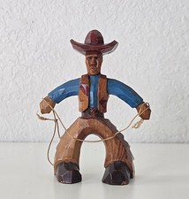 1950s Folk Art Hand Carved Wood Cowboy Figure Western Sculpture Lasso picture