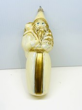 Vintage Neiman Marcus Cream White Gold Santa Glass Christmas Ornament NM Cap picture