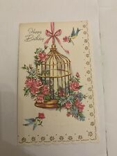 Vintage 1950's Happy Birthday Greeting Card Bird Cage of Flowers picture