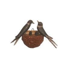 Antique Folk Art PA. German Hand Carved Birds In Nest Feeding Their Chick's  picture