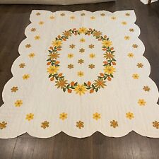 VTG Handmade Quilt Queen Size 90”X 73” Floral Farmhouse Hand Stitched Flowers picture