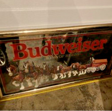 1990’s Budweiser King Of Beers Clydesdale Team & Wagon Mirror 27x14 READ picture