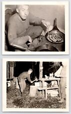 c1950s Hunt Camp~Hunters Chopping Wood~Cast Iron Cooking~2 Vintage B&W Photos picture